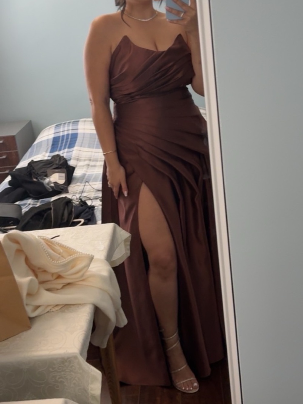 Chocolate Brown Satin Evening Dress with Side Slit (size 14)